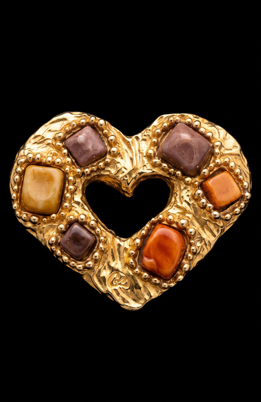 1980s signed Christian Lacroix heavy hammered gold plate brooch with glass cabochons