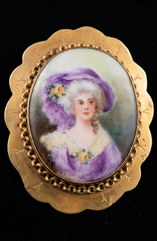 Antique Hand-Painted Porcelain Portrait Brooch, France c. 1890–1910 jackpot.