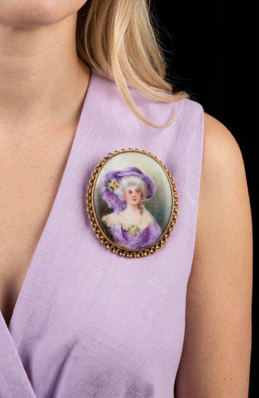 Antique Hand-Painted Porcelain Portrait Brooch, France c. 1890–1910 jackpot.