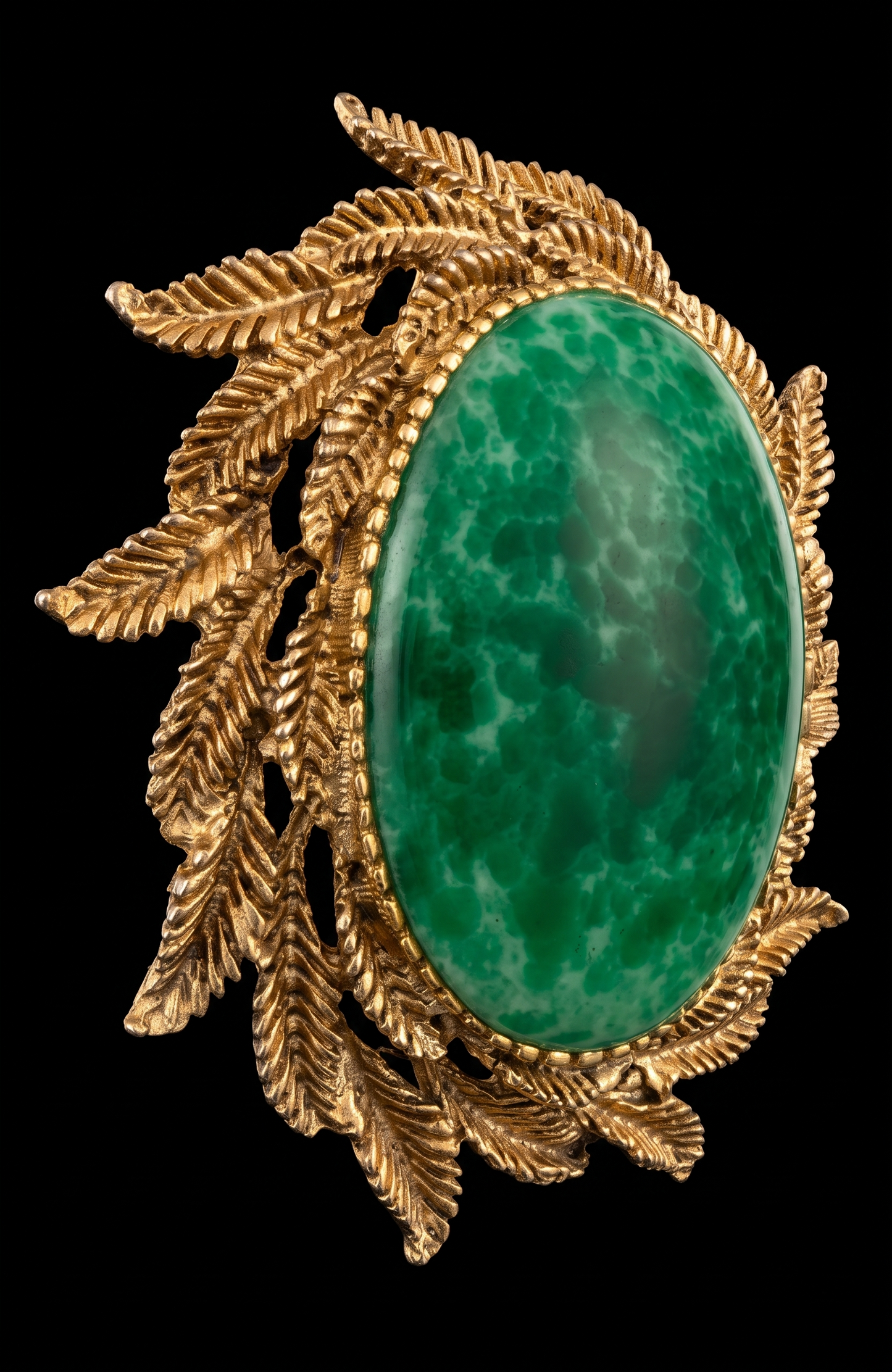 1960s stunning signed PAULINE RADER green cabochon brooch/pendant with leaf wreath frame
