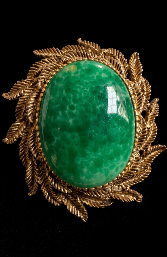1960s stunning signed PAULINE RADER green cabochon brooch/pendant with leaf wreath frame