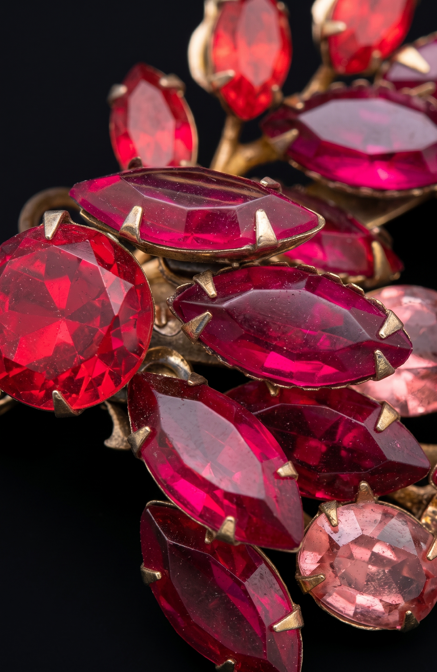 Beautiful vintage, red navette with 2 pink rhinestone brooch