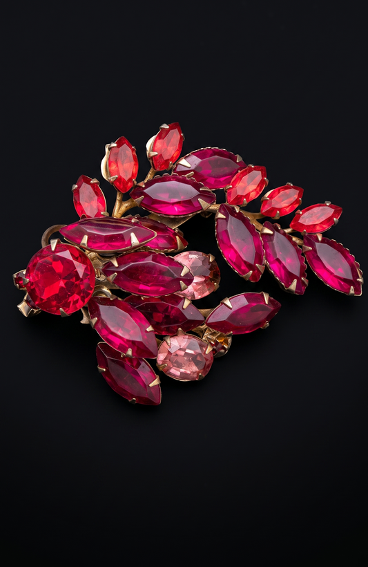 Beautiful vintage, red navette with 2 pink rhinestone brooch