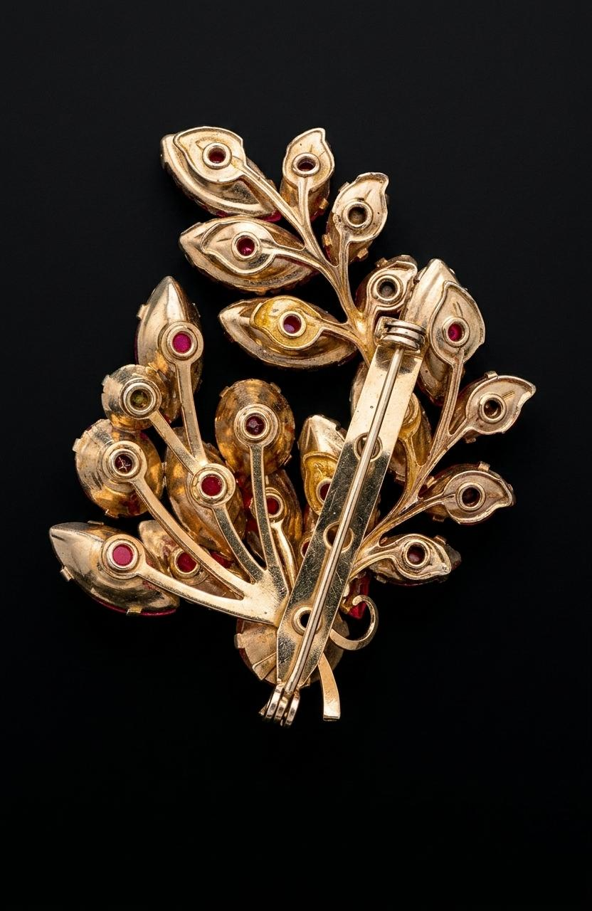 Beautiful vintage, red navette with 2 pink rhinestone brooch