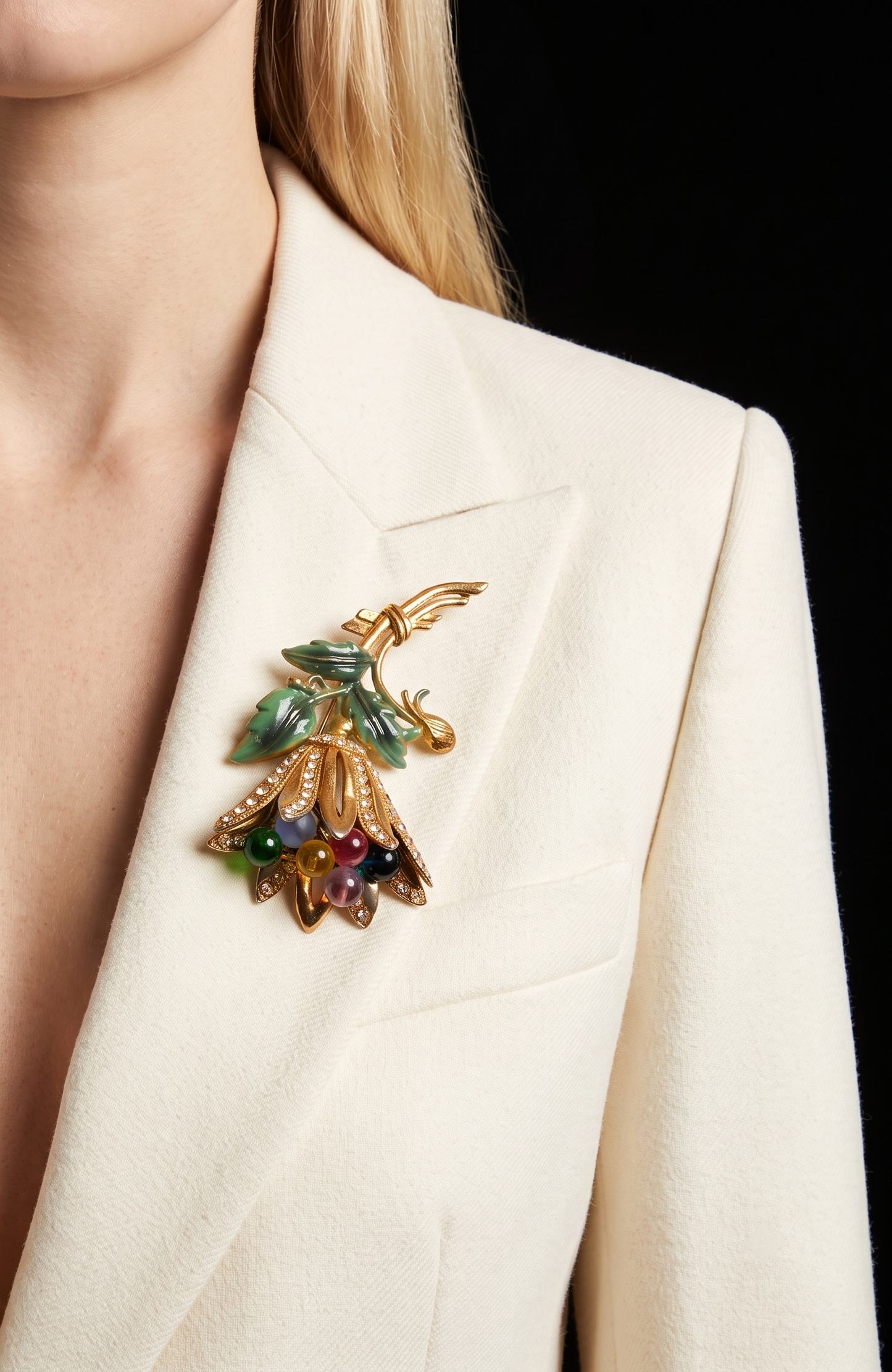 Signed HAGLER  tutti frutti floral spray brooch, late 1940–early 1950s, featuring molded lucite leaves, multicolored glass bead berries, and rhinestone-set gold-tone petals. Hand-assembled with open architectural construction.