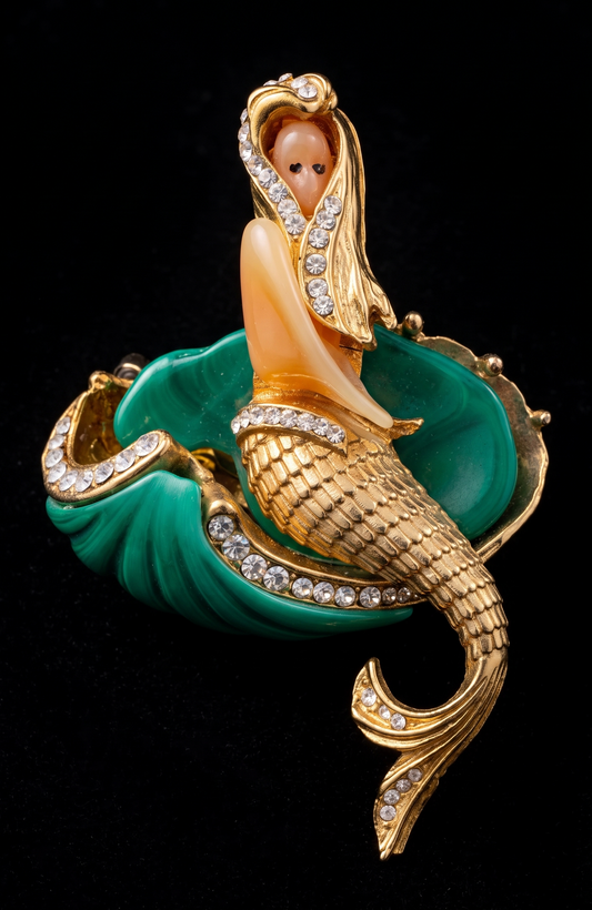 Attributed Hattie Carnagie mermaid brooch circa1960.
Carved lucite figure and wave, hand-set rhinestones, sculptural gold-tone metal. Unsigned, a strong example of mid-century fantasy figural jewelry.