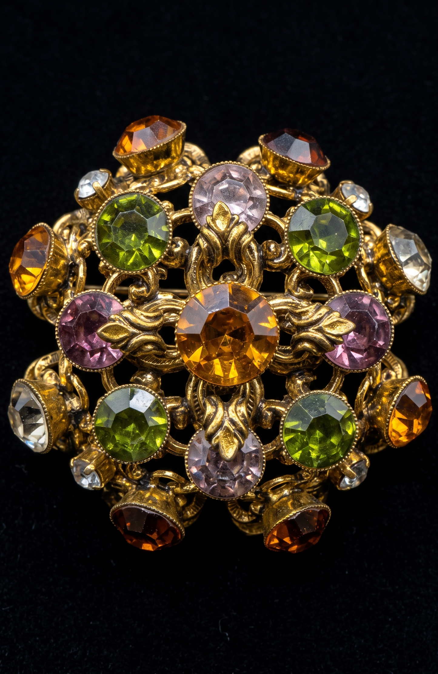 Beautiful jewel, toned rhinestone glass brooch made in West Germany
