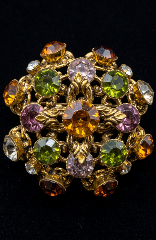 Beautiful jewel, toned rhinestone glass brooch made in West Germany