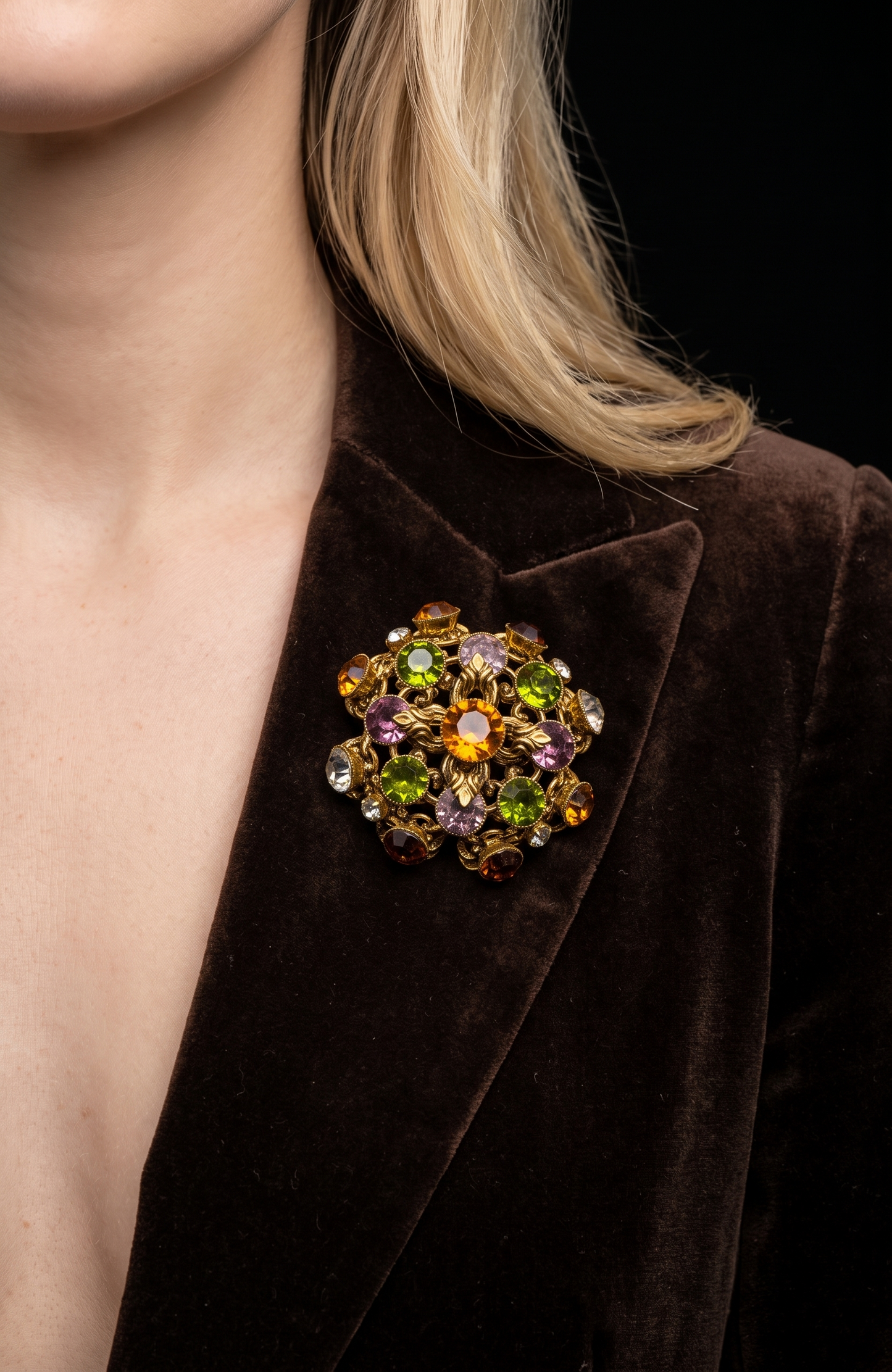 Beautiful jewel, toned rhinestone glass brooch made in West Germany