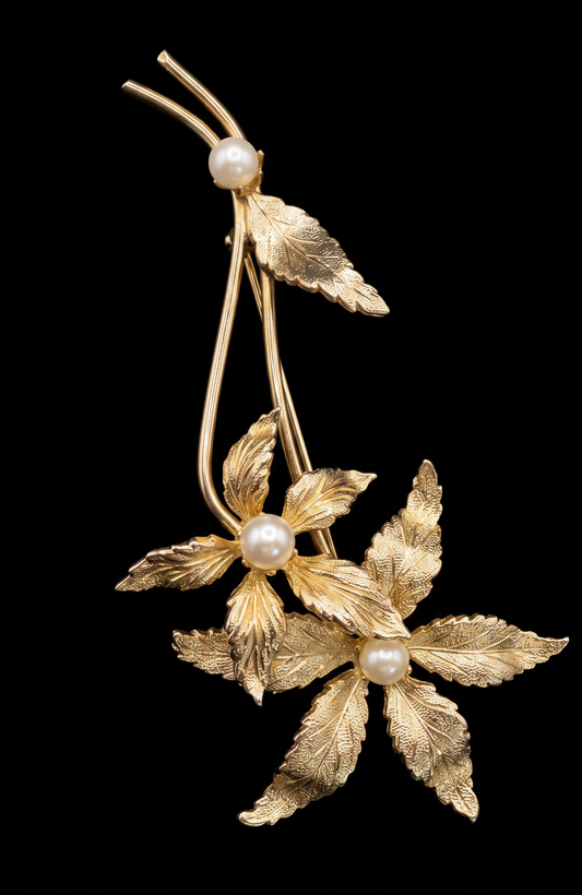 stunning HATTIE CARNAGIE 1940s flower brooch with pearl   center stone