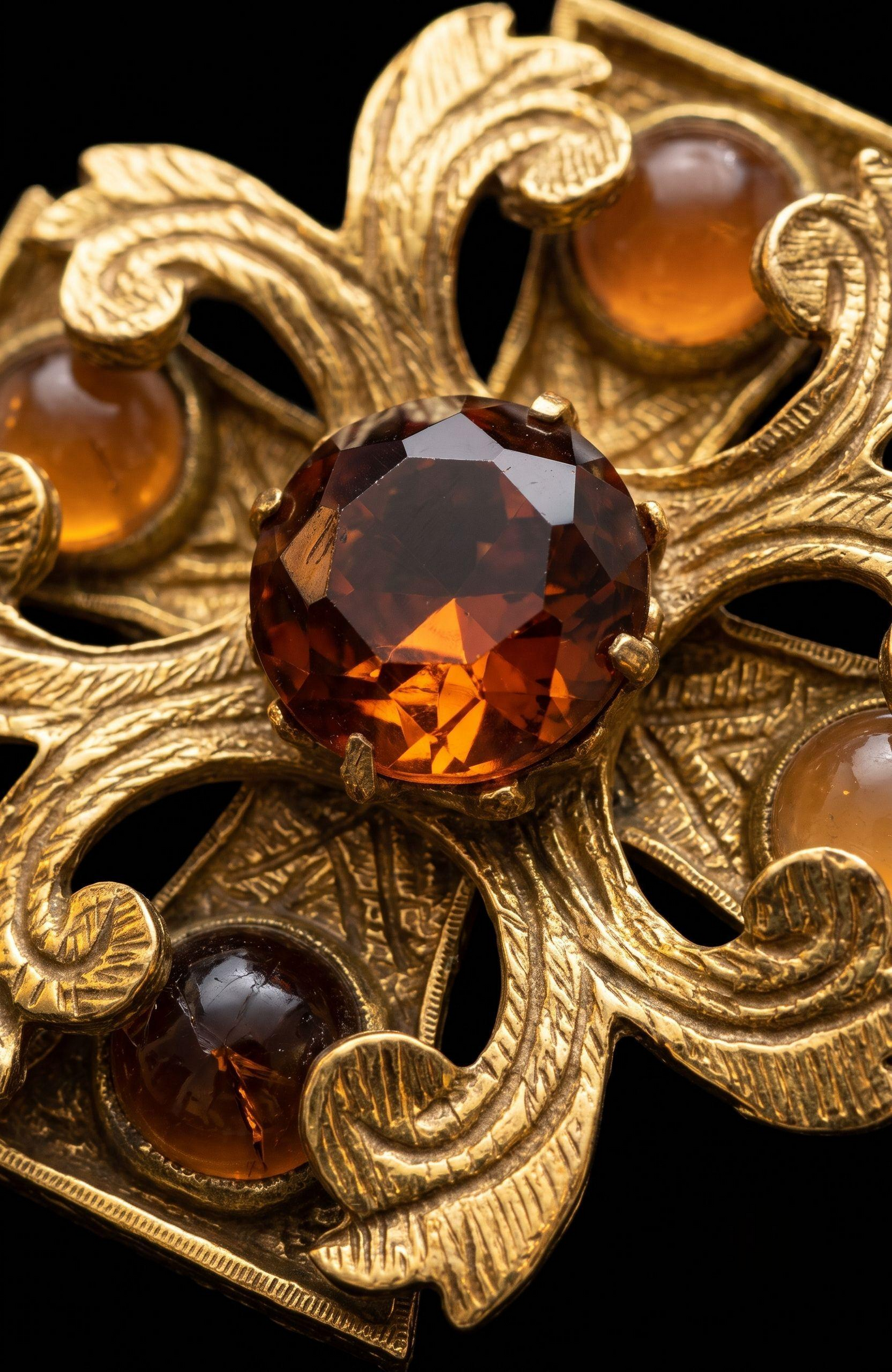 Heavy weight vintage signed 1960s 3-D BENEDIKT brooch with Amber stones