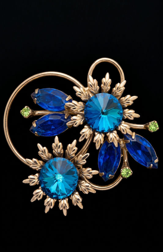 Exceptional vintage teal signed Rivoli brooch with uranium rhinestones and blue watermelon stones