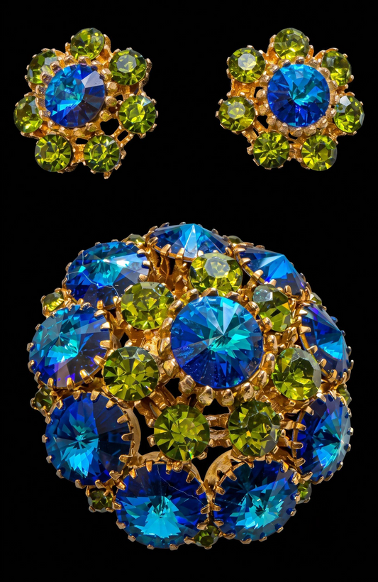 Absolutely gorgeous watermelon stone brooch, and earring set. Blue watermelon, rhinestones and olivine colored stones.