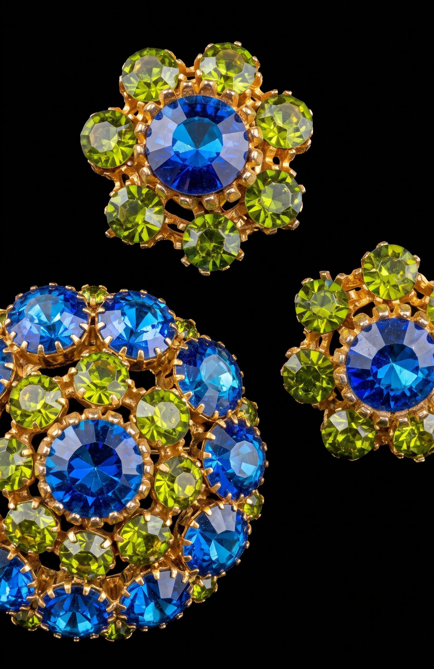 Absolutely gorgeous watermelon stone brooch, and earring set. Blue watermelon, rhinestones and olivine colored stones.