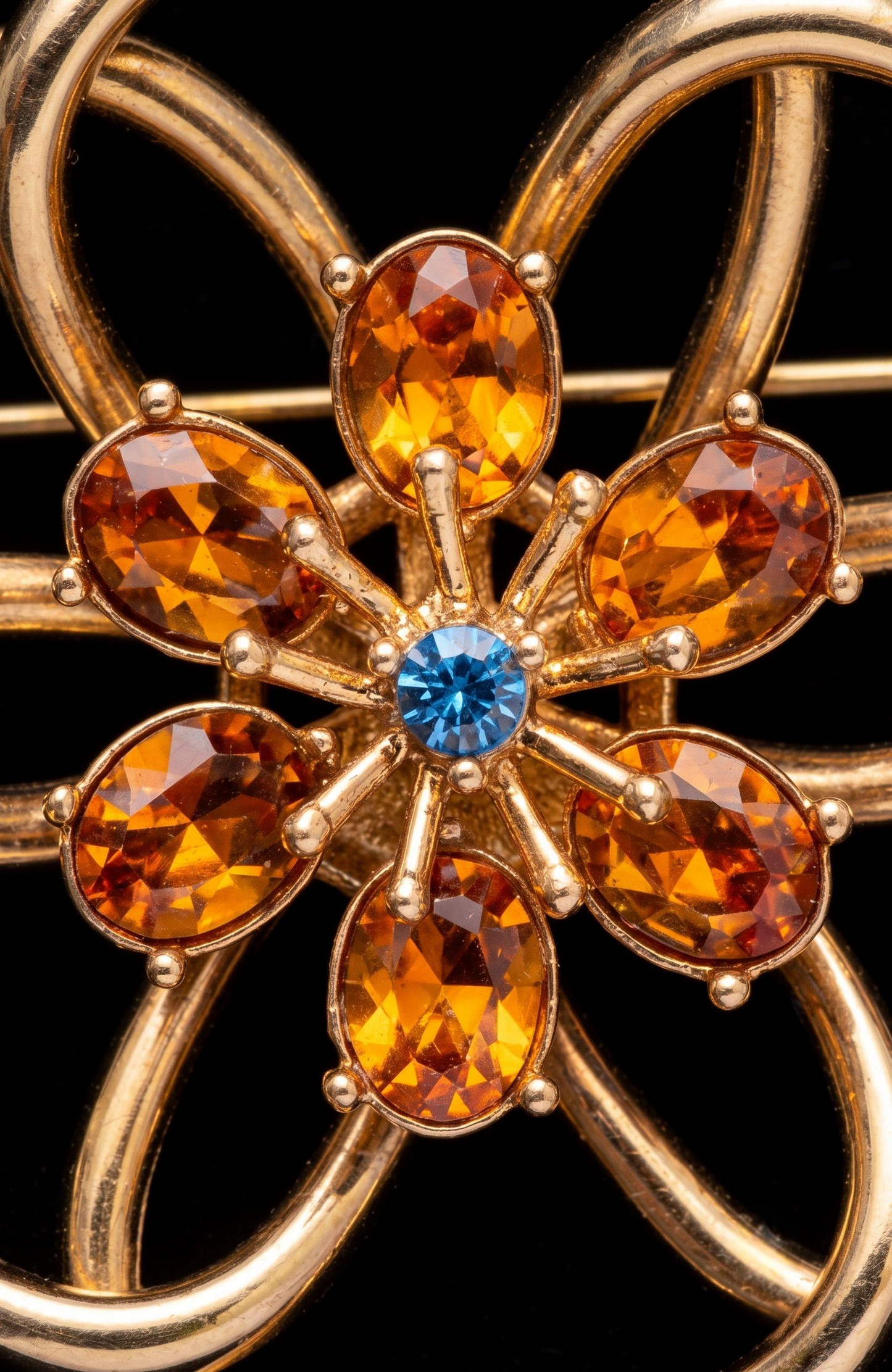 Vintage Weingeroff gold tone flower brooch/pendant with orange and blue glass rhinestones