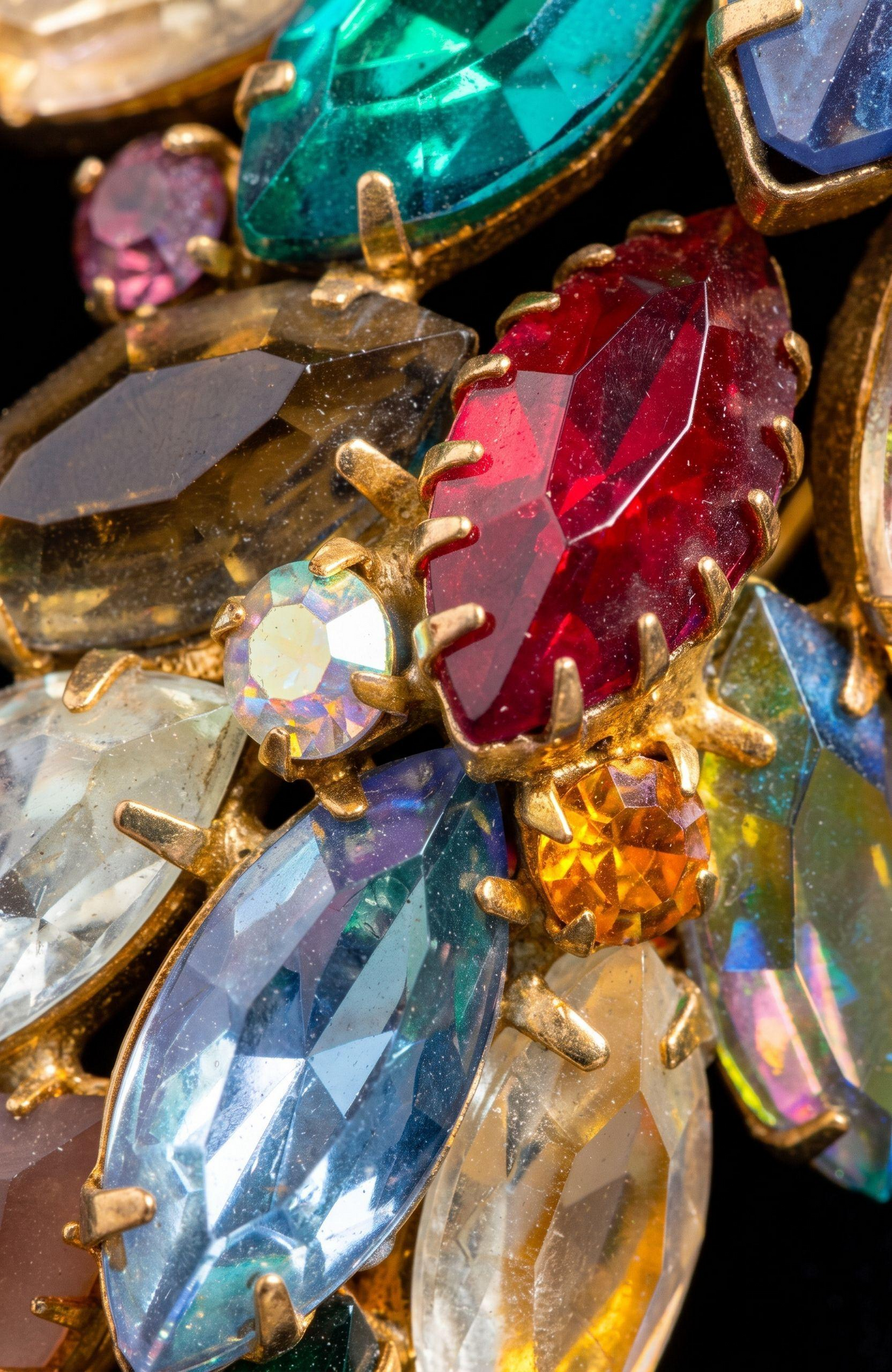 Beautiful multicolor 1950s rhinestone leaf brooch