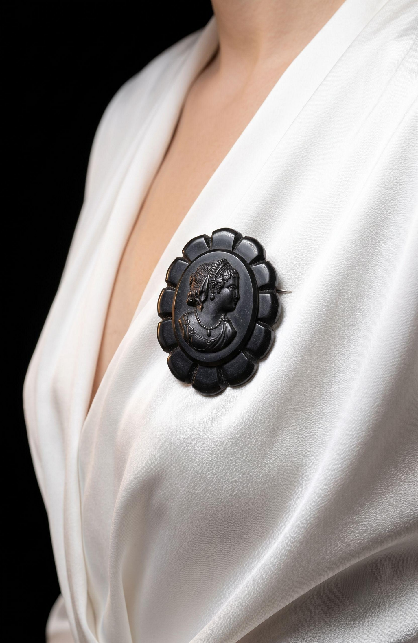 1930s vintage large black celluloid cameo brooch. Picture it with your pearls!