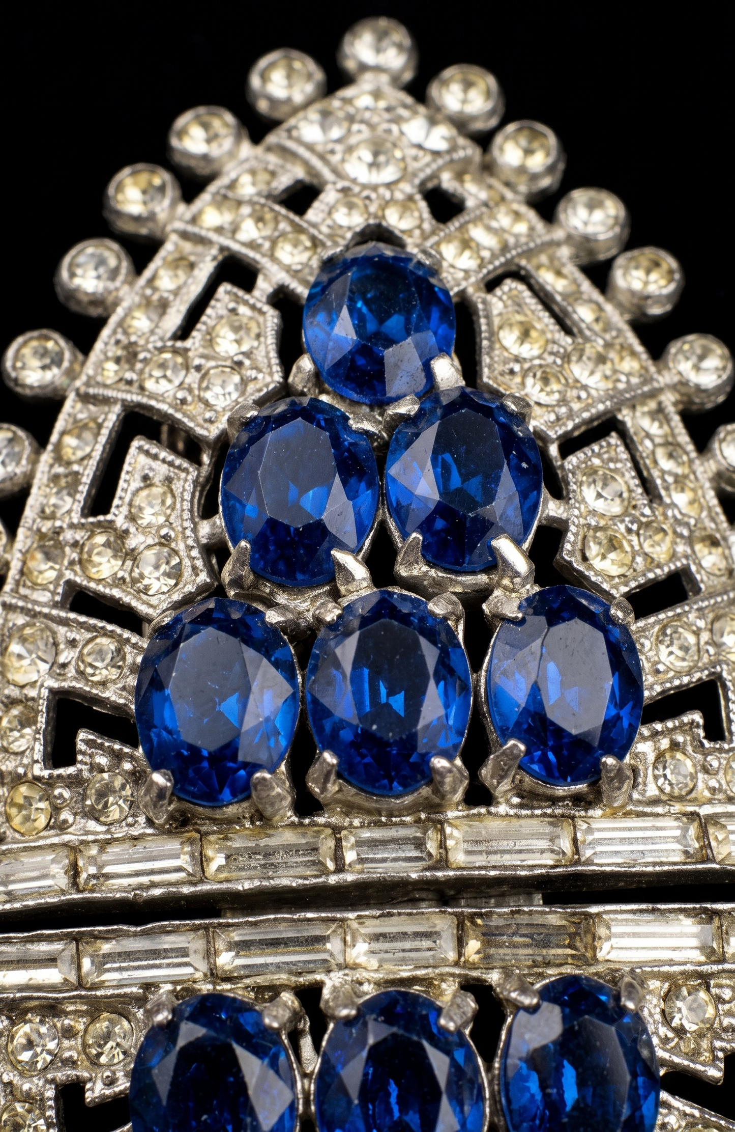 Late 1930s early 1940s signed CORO Duette rhodium plated double dress/fur clip and brooch with pave set sapphire and clear rhinestones