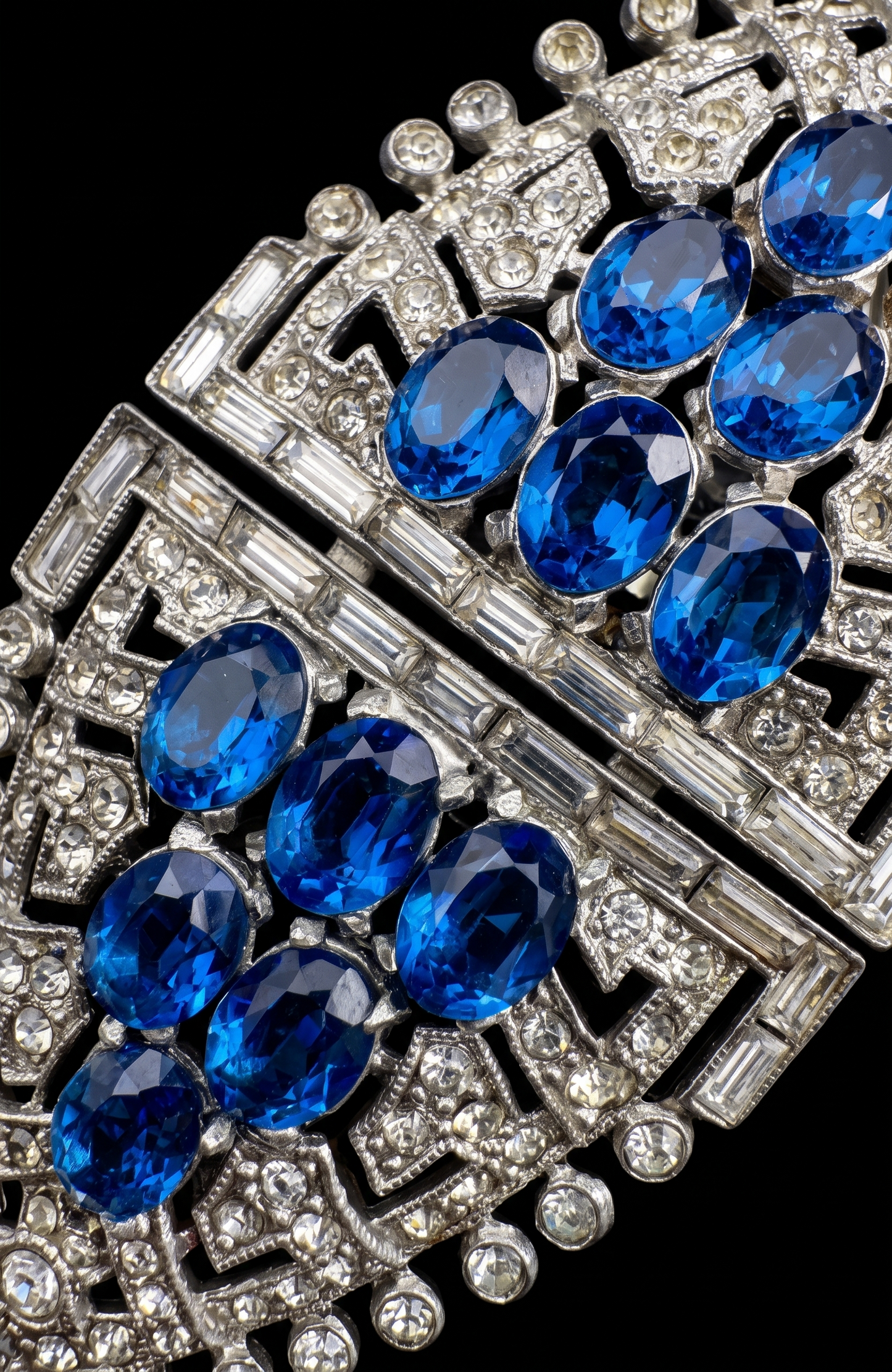 Late 1930s early 1940s signed CORO Duette rhodium plated double dress/fur clip and brooch with pave set sapphire and clear rhinestones