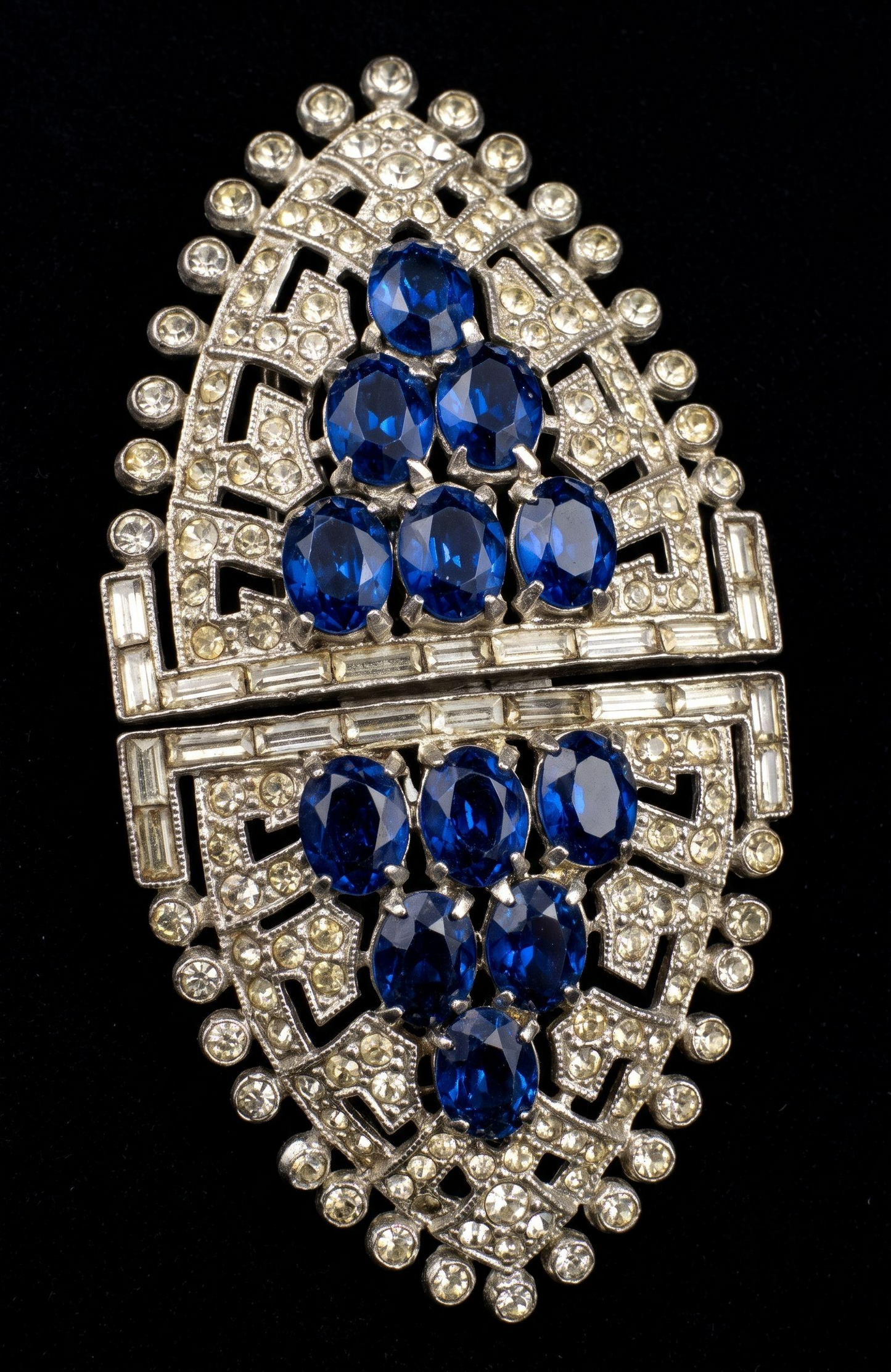 Late 1930s early 1940s signed CORO Duette rhodium plated double dress/fur clip and brooch with pave set sapphire and clear rhinestones