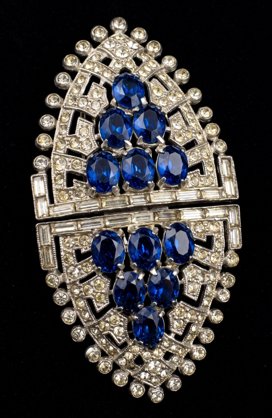 Late 1930s early 1940s signed CORO Duette rhodium plated double dress/fur clip and brooch with pave set sapphire and clear rhinestones