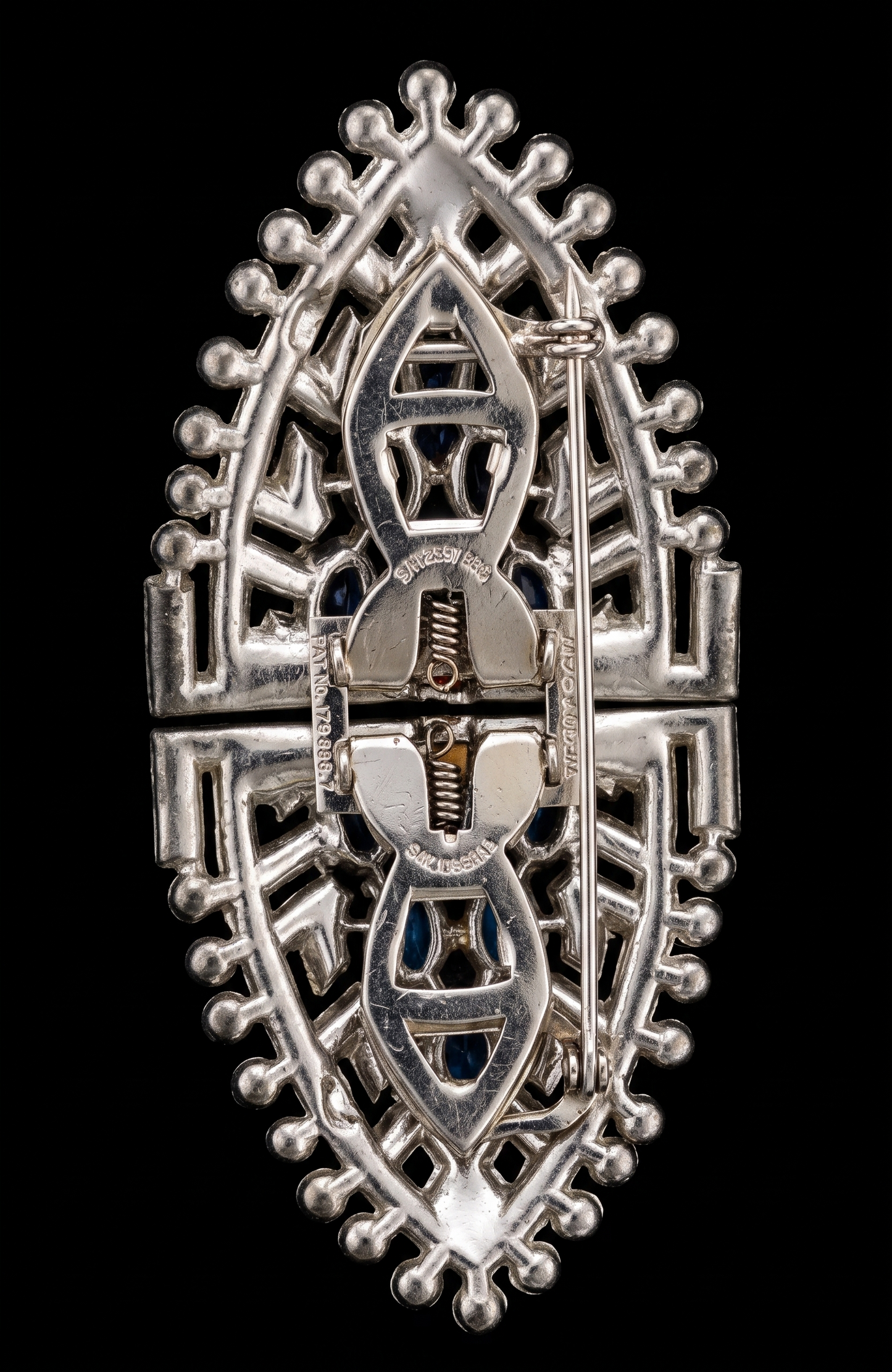 Late 1930s early 1940s signed CORO Duette rhodium plated double dress/fur clip and brooch with pave set sapphire and clear rhinestones