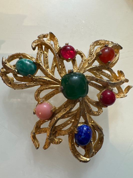 signed 1960s CASTLECLIFF brutalist brooch with cabochon  colored stones
