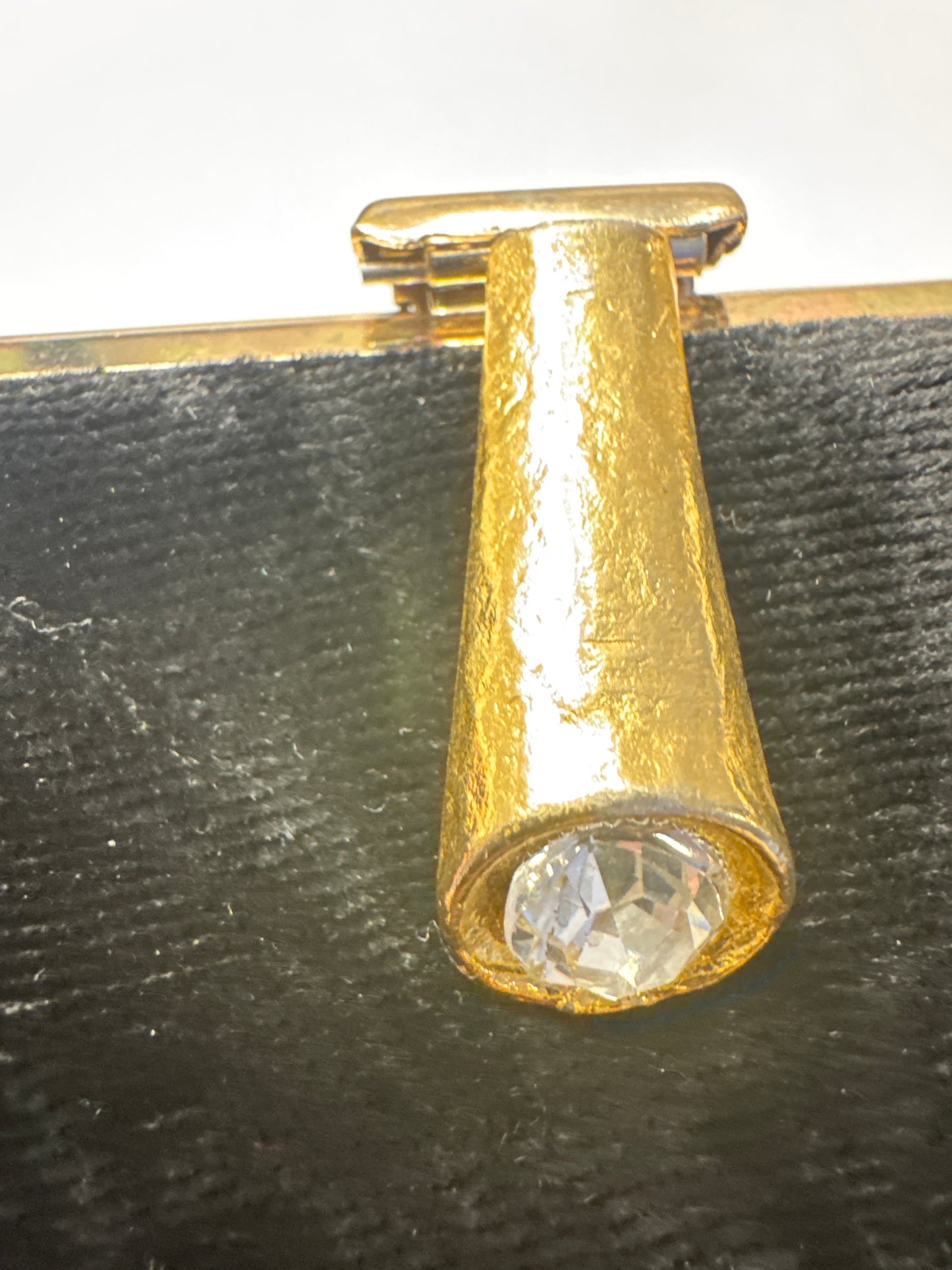 1950s black velvet moire evening bag with jewel class and optional gold chain handle. jackpot