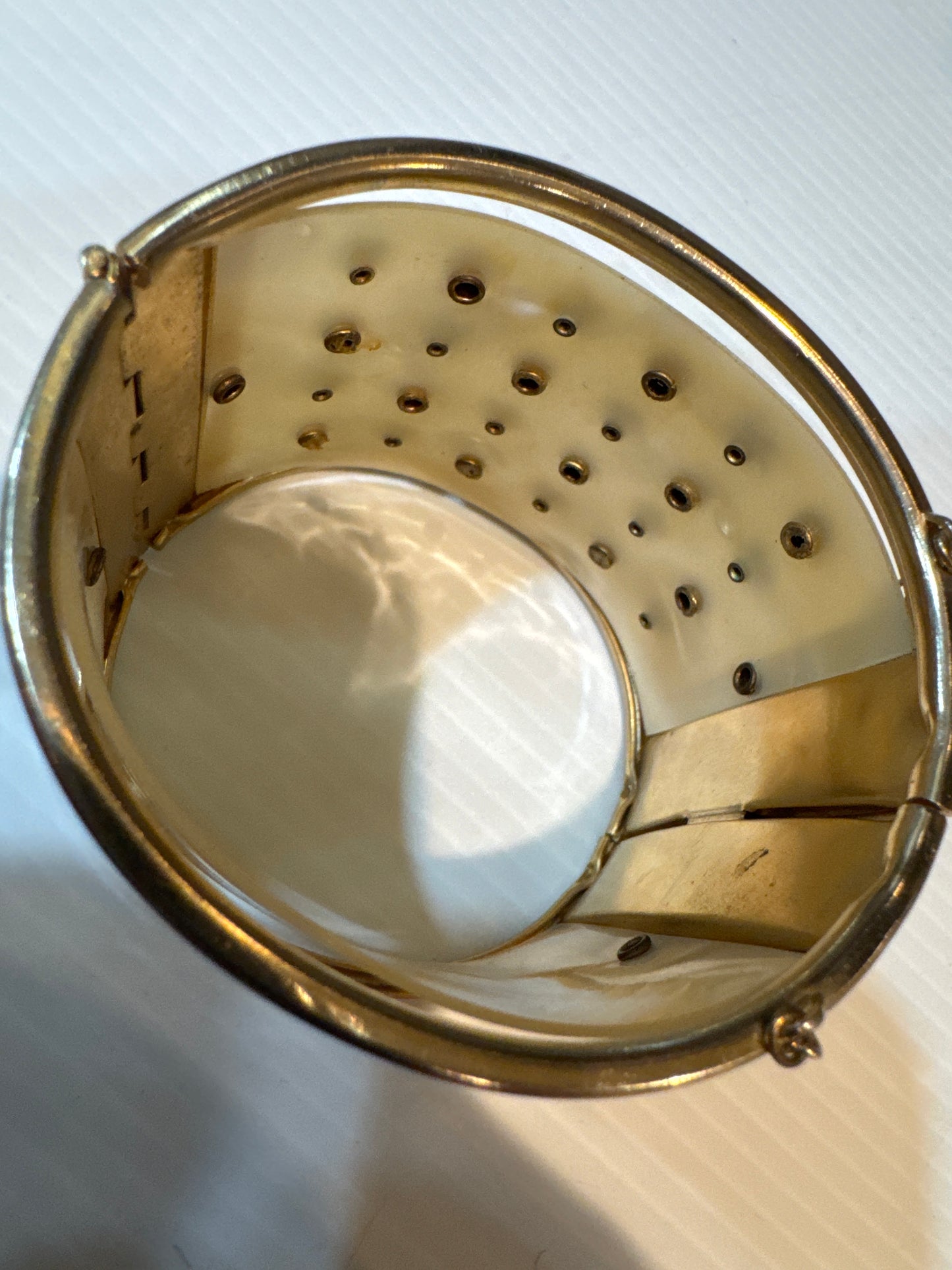 Fabulous 1960s wide cuff with safety latch, mother of pearl and rhinestones