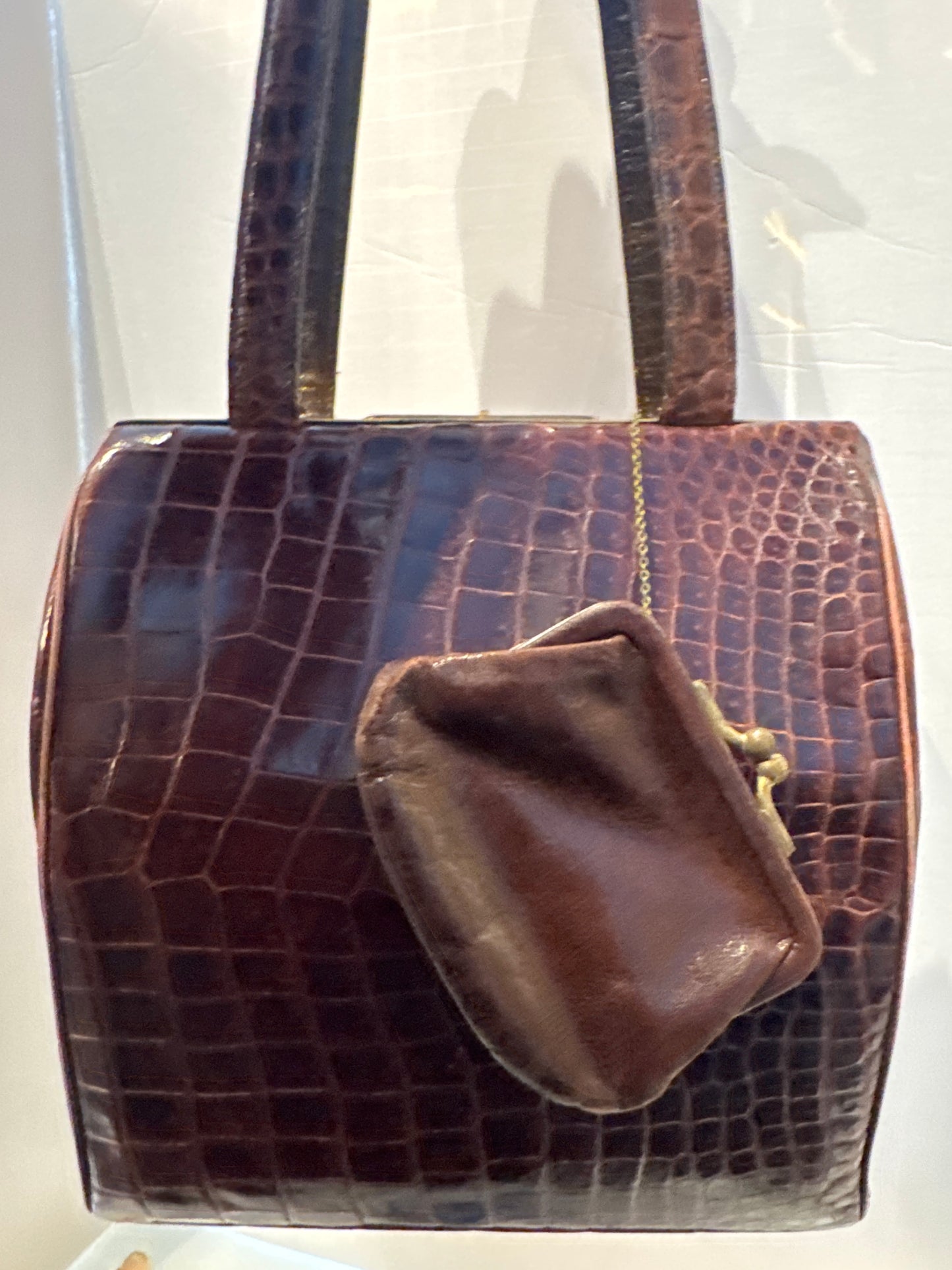 Fabulous 1950s brown alligator bag with original leather coin, purse, comb, and mirror