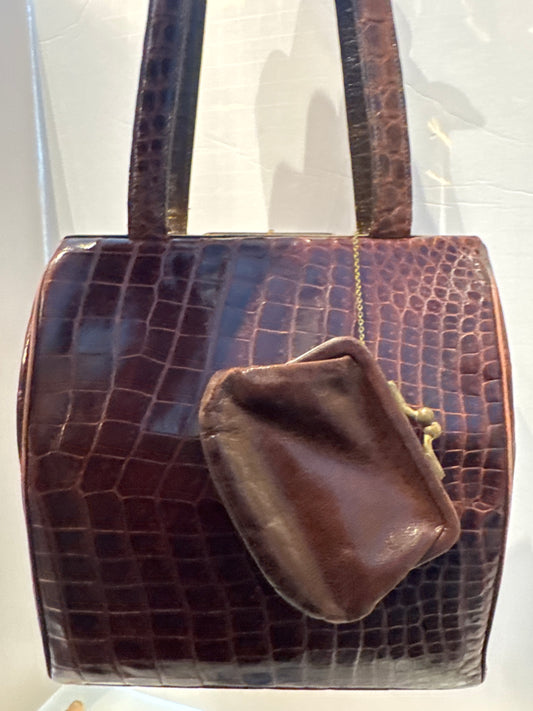 Fabulous 1950s brown alligator bag with original leather coin, purse, comb, and mirror