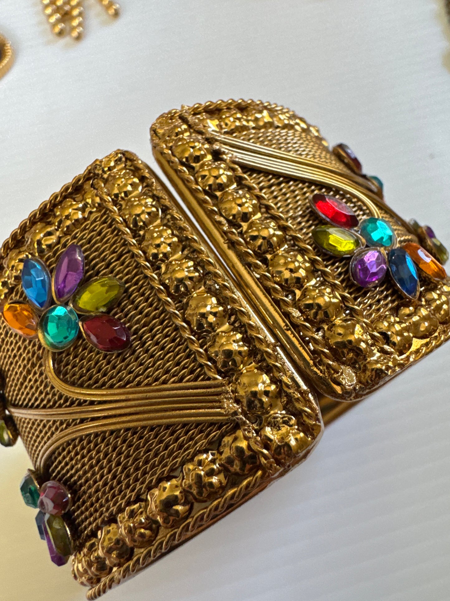 90s goldtone mesh cuff with colored stones