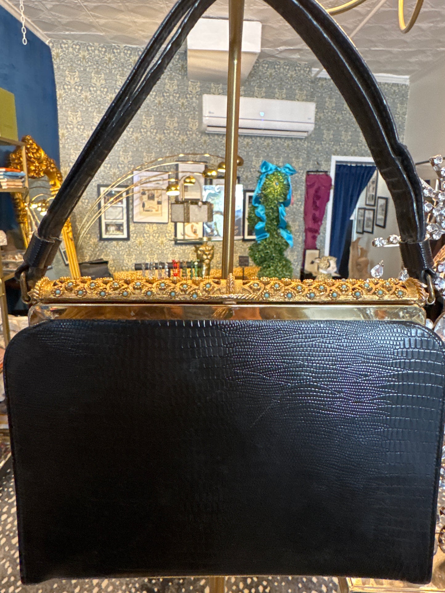 Absolutely gorgeous 1950s black lizard bag with stunning gold tone and turquoise hardware