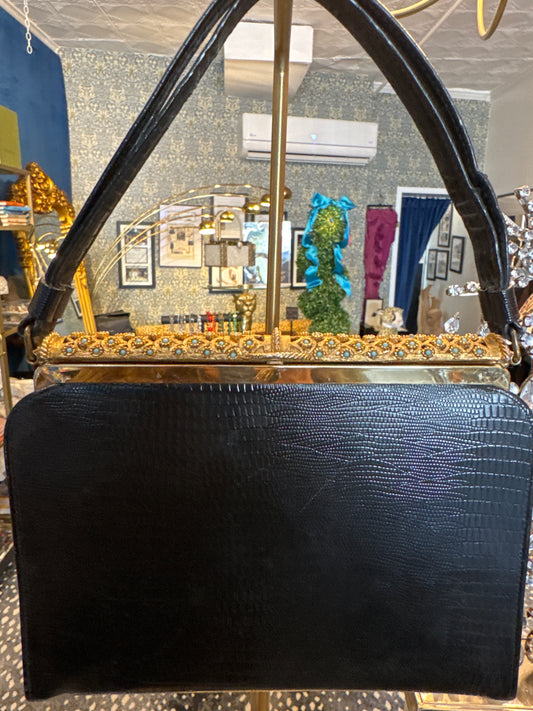 Absolutely gorgeous 1950s black lizard bag with stunning gold tone and turquoise hardware