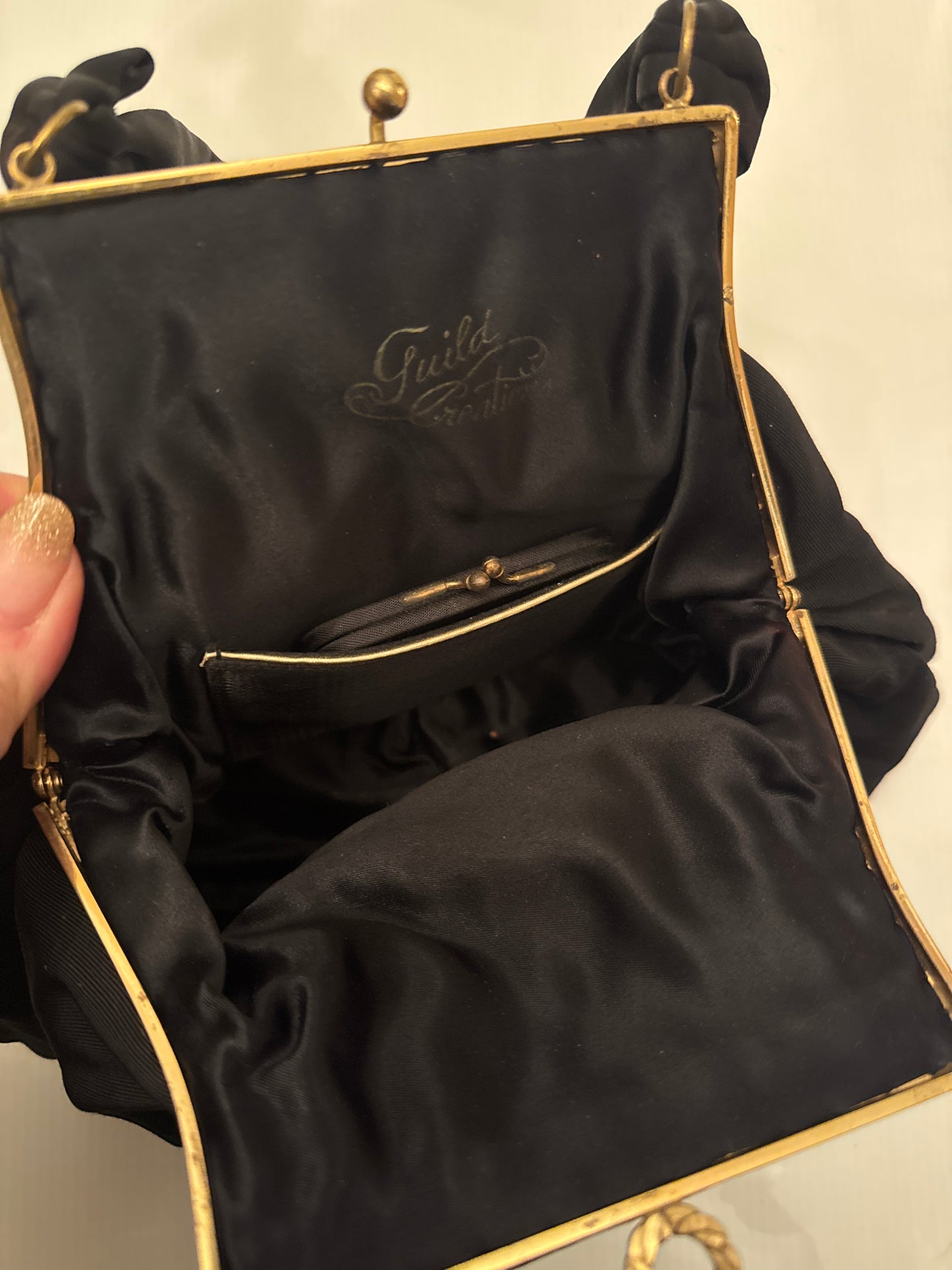 1940s stunning vintage black fabric bag with rhinestone clasp