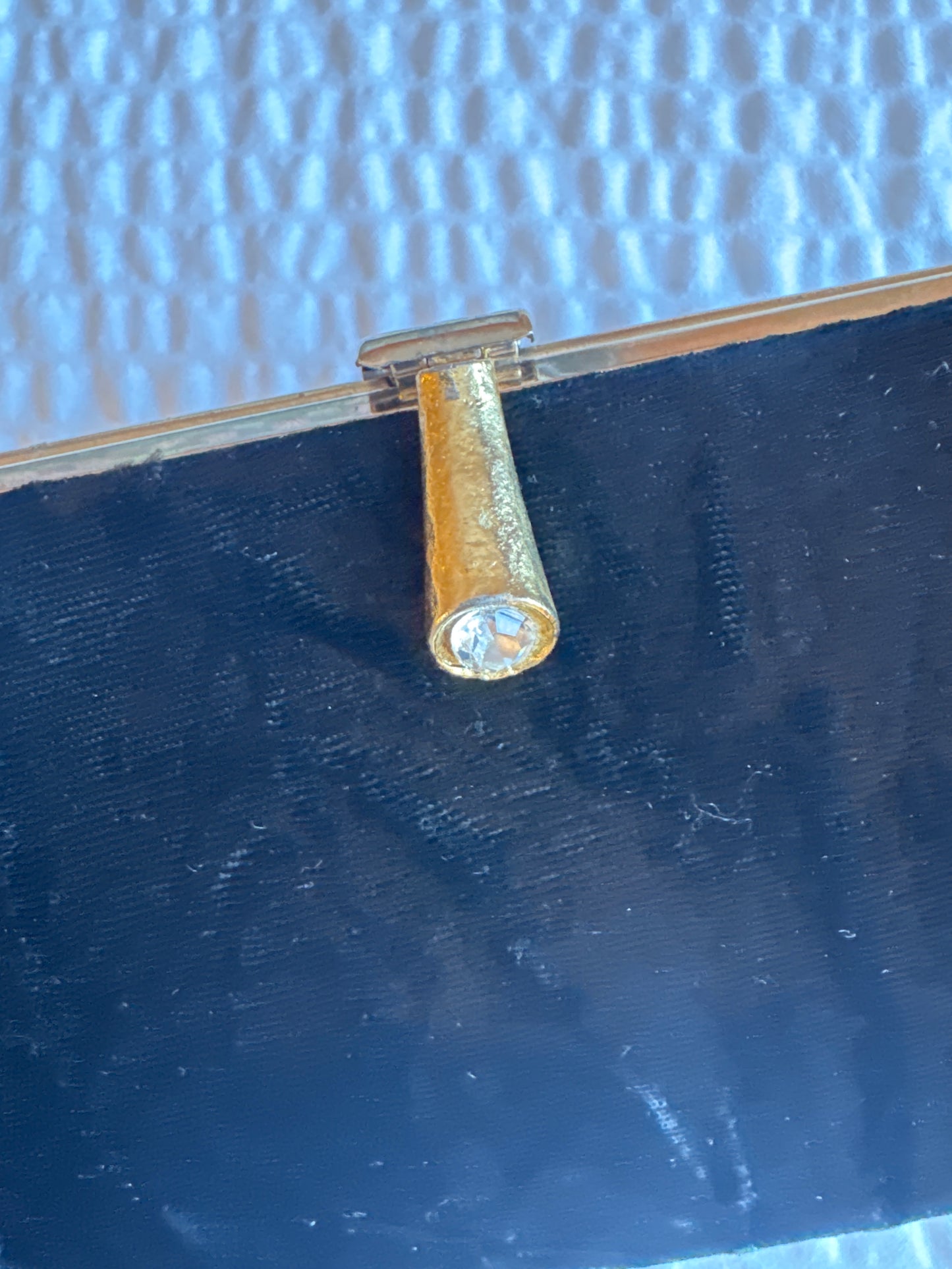 1950s black velvet moire evening bag with jewel class and optional gold chain handle. jackpot