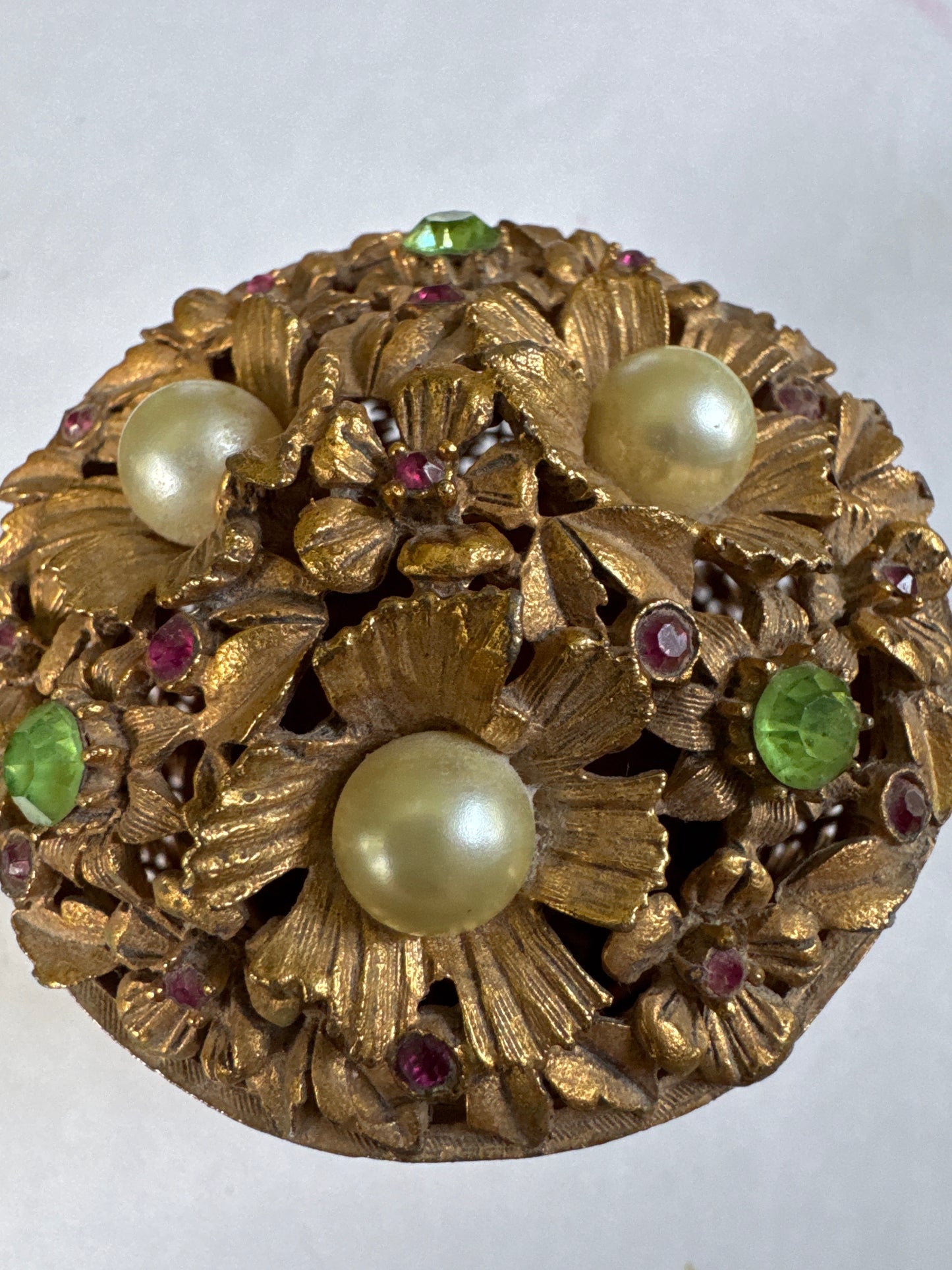 Vintage 1950s brass jeweled round trinket rhinestone vanity holder with faux pearl flowers