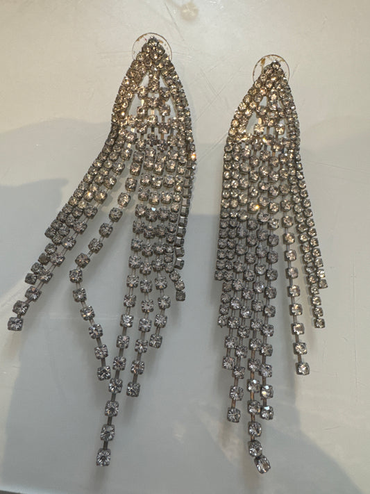 Major 1960s pierced rhinestone waterfall dangle earrings