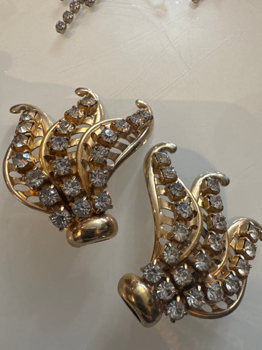 1940s clip on climber, gold tone rhinestone statement earrings