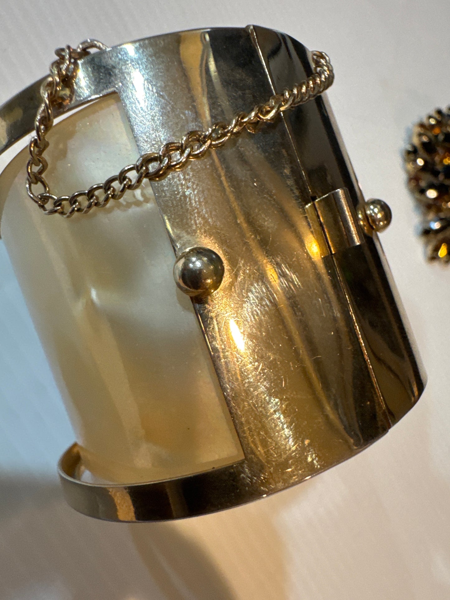 Fabulous 1960s wide cuff with safety latch, mother of pearl and rhinestones