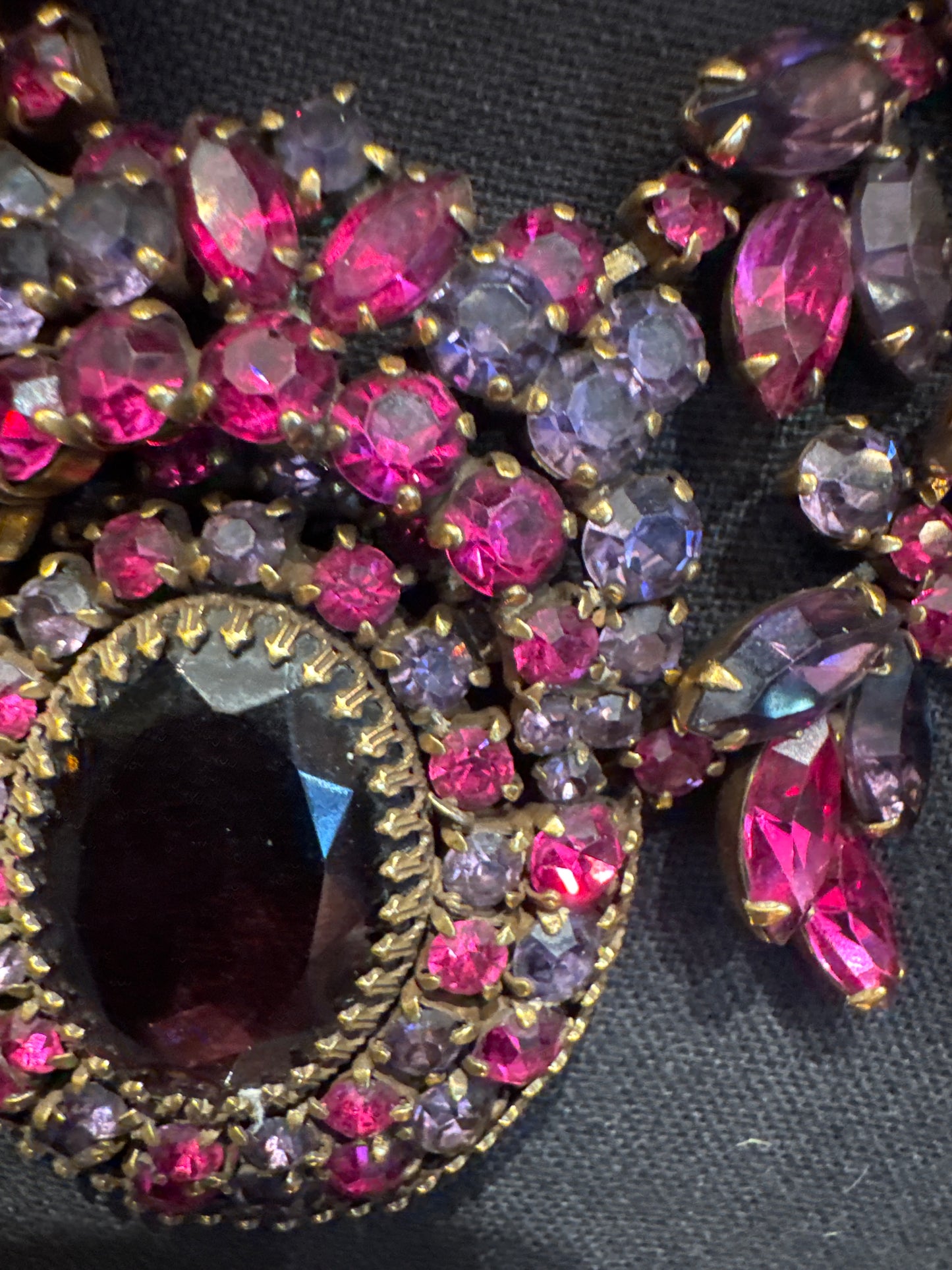 1940s absolutely stunning Juliana rhinestone necklace and shades of deep, purple, pink and red