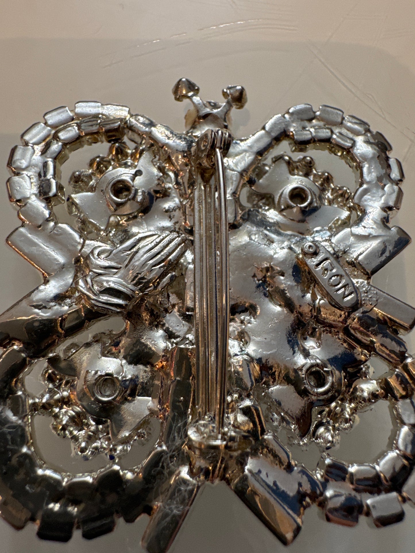 Sparkling Lee, beautiful butterfly brooch signed by RON. Note the praying hands on the back. NYC