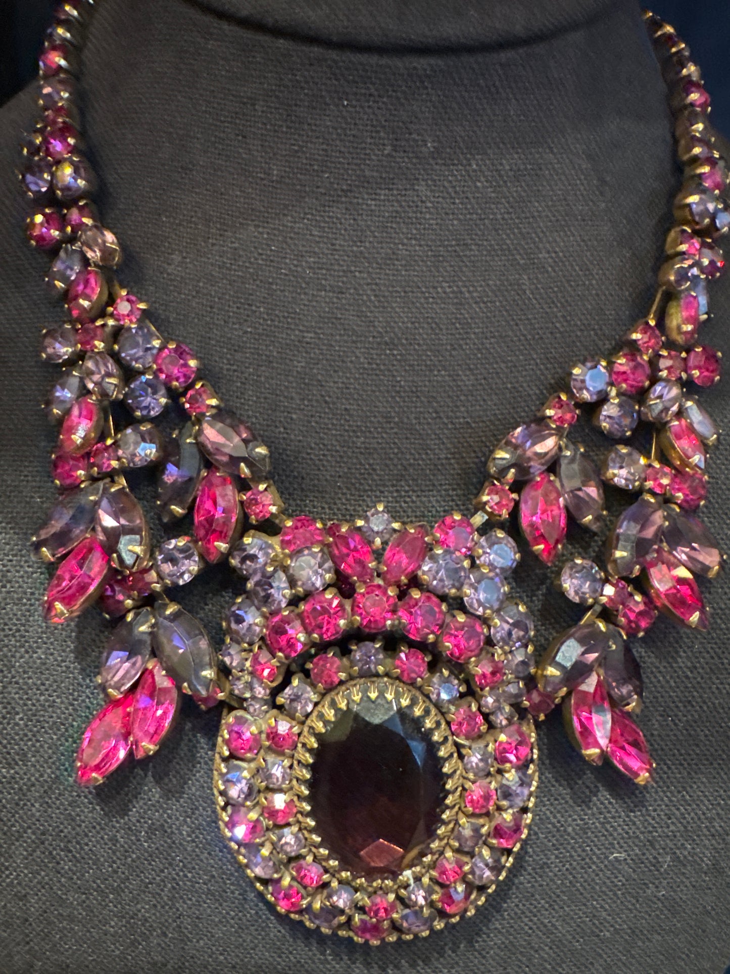 1940s absolutely stunning Juliana rhinestone necklace and shades of deep, purple, pink and red