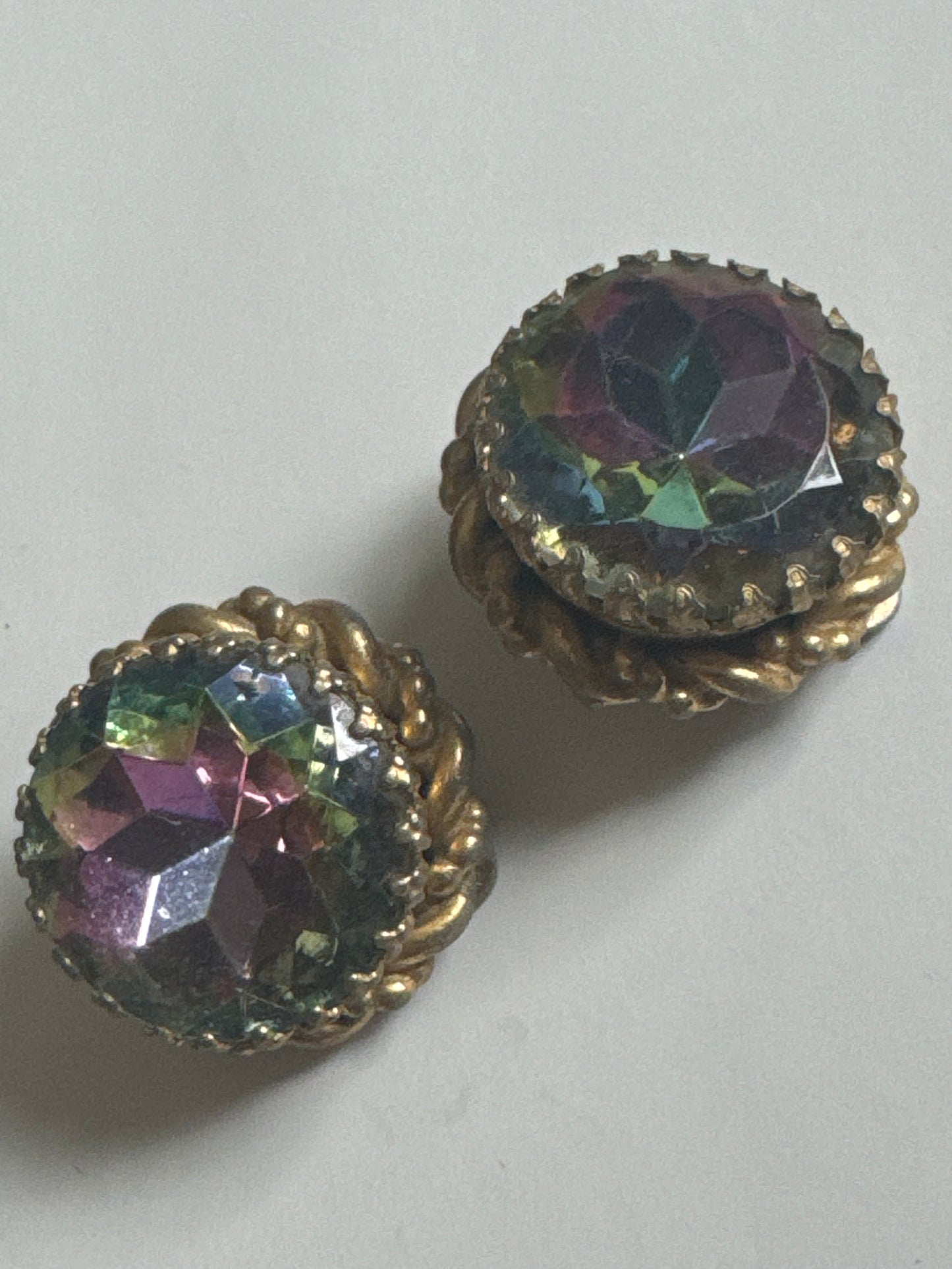 1930s light pink watermelon stone signed SCHIAPARELLI earrings with gold tone outer wreath