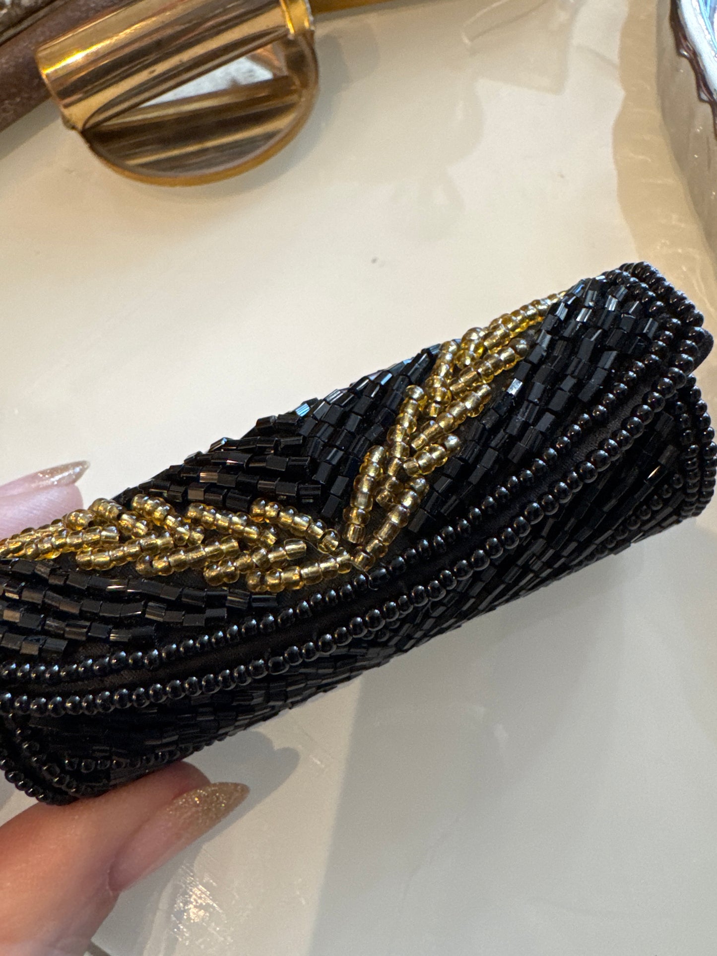 vintage 80s black and gold beaded lipstick holder with mirror. Makeup