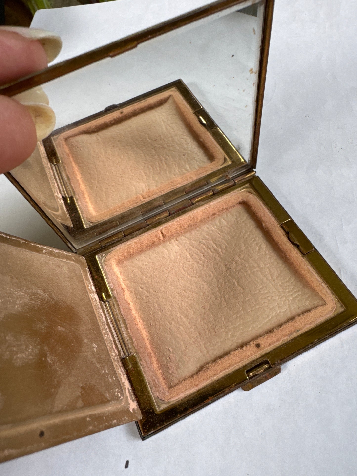 1930s mother-of-pearl and colored rhinestone powder, Makeup compact by SCHILDKRUAT
