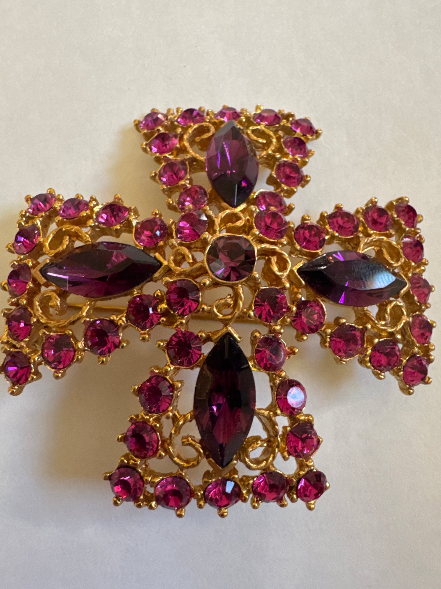 1950s stunning Maltese cross with pink and purple rhinestones