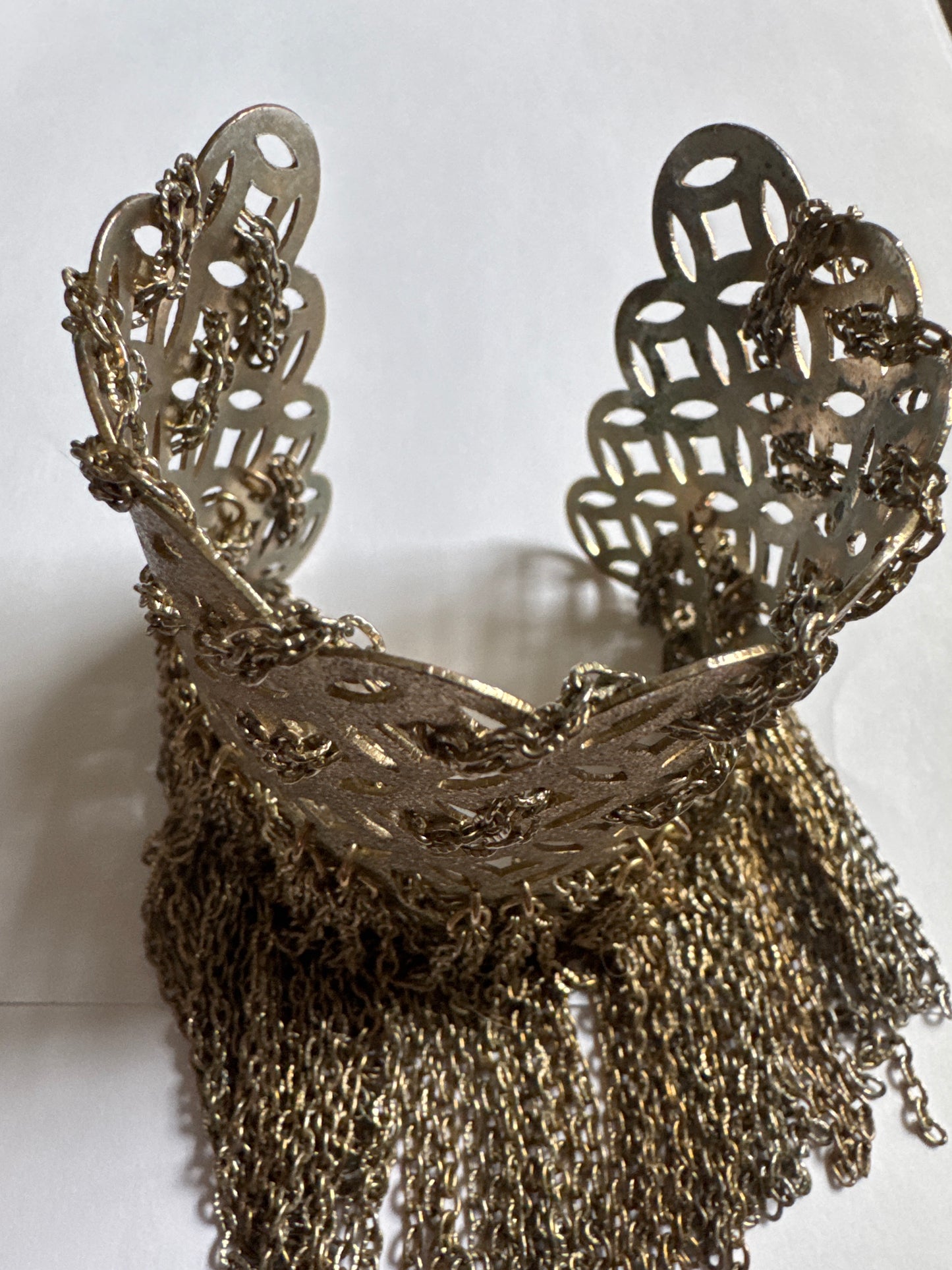 WOW! fabulous 1960s gold tone fringe tassel filigree with chain statement cuff bracelet.