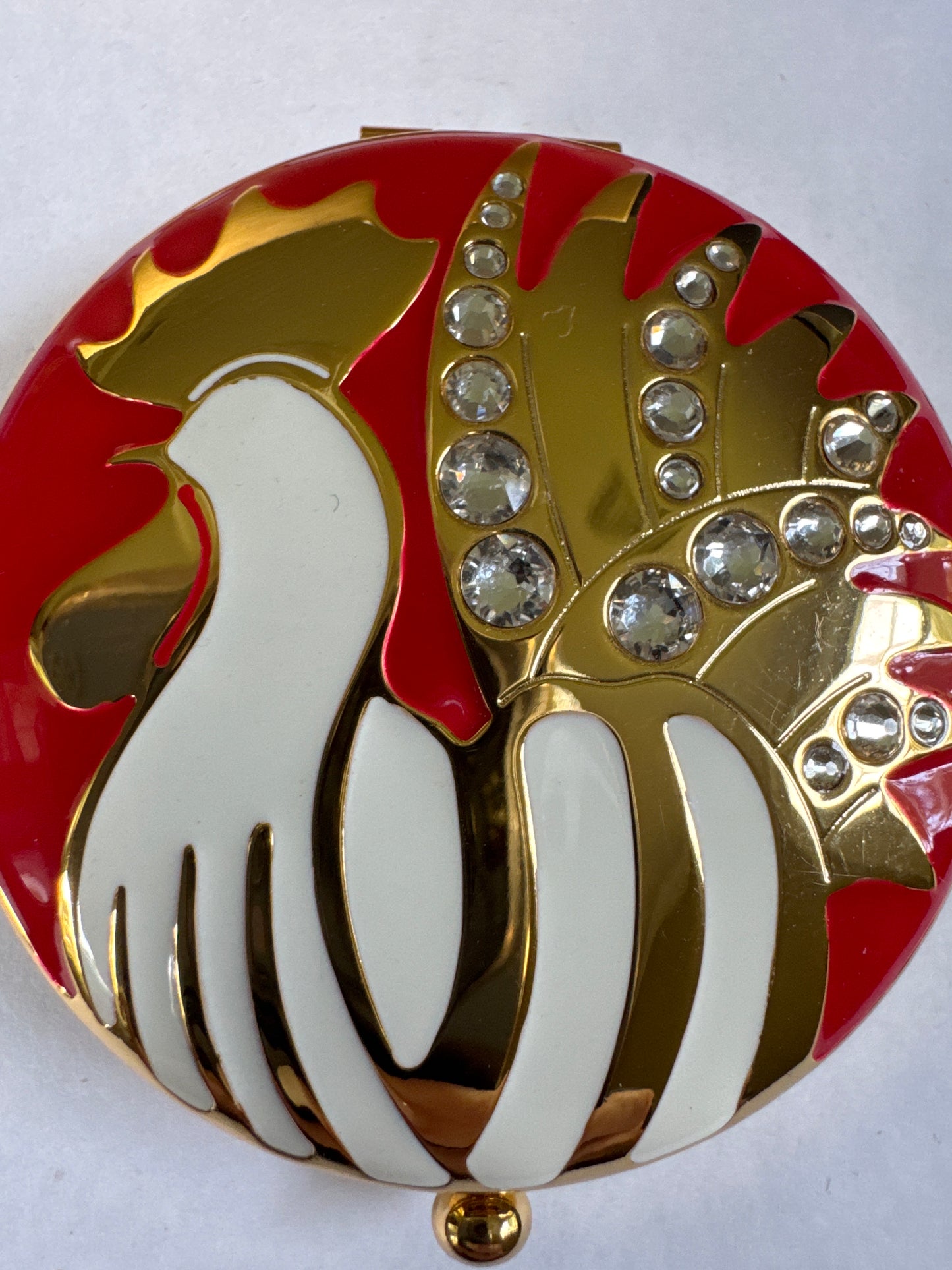 vintage, Estée Lauder round rooster enamel and rhinestone makeup compact with original box