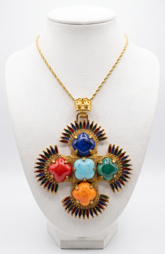 Vintage 1960s Castlecliff by VRBA jumbo pendant necklace with colored cabochon stones